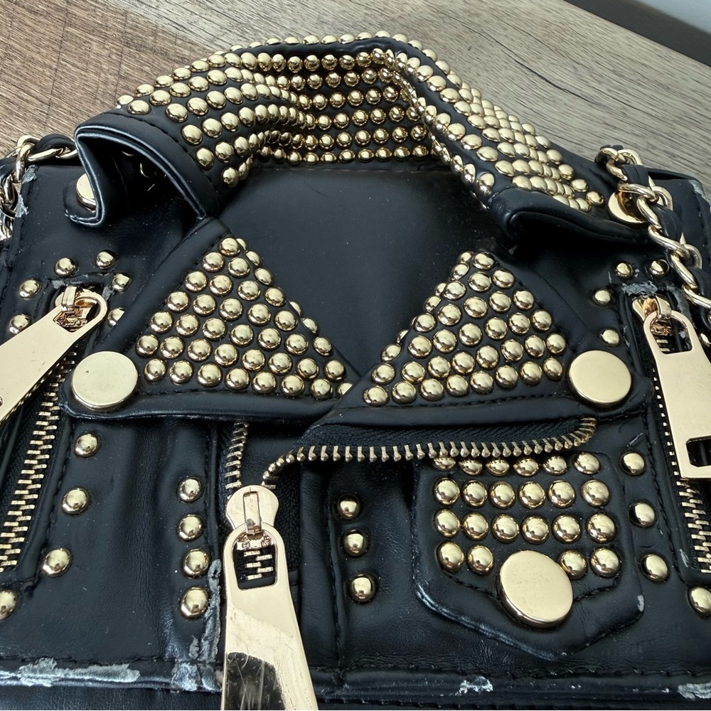 AMEILIYAR Black Vegan Leather Gold Toned Stud Biker Jacket Crossbody Bag *FLAW* - Picture 4 of 15